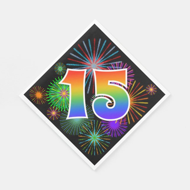 Colourful Fireworks + Rainbow Pattern "15" Event # Napkin (Corner)