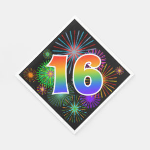 Colourful Fireworks + Rainbow Pattern "16" Event # Napkin