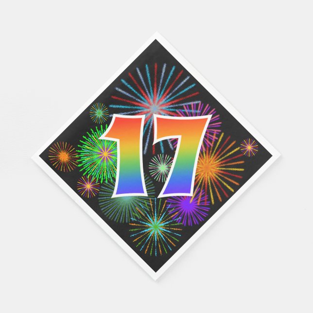 Colourful Fireworks + Rainbow Pattern "17" Event # Napkin (Corner)