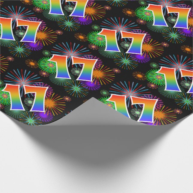 Colourful Fireworks + Rainbow Pattern "17" Event # Wrapping Paper (Corner)