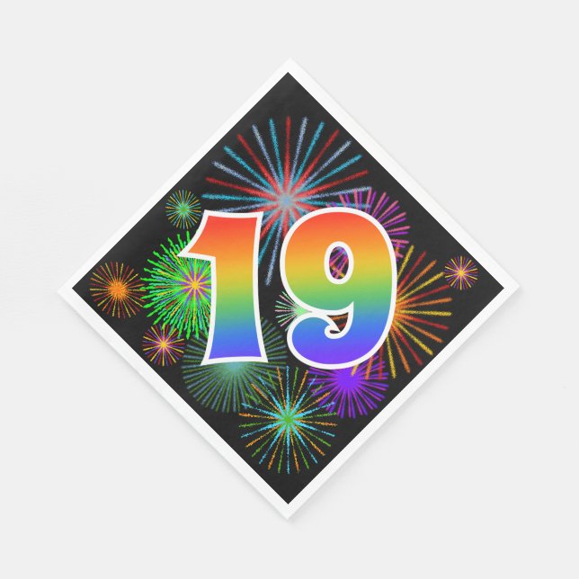 Colourful Fireworks + Rainbow Pattern "19" Event # Napkin (Corner)