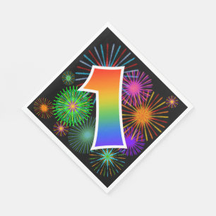 Colourful Fireworks + Rainbow Pattern "1" Event # Napkin