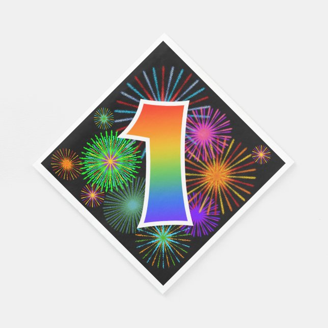 Colourful Fireworks + Rainbow Pattern "1" Event # Napkin (Corner)