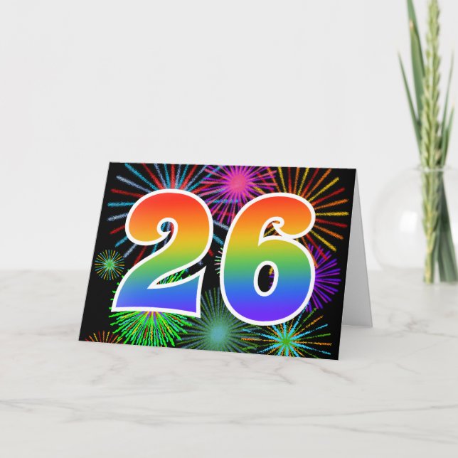 Colourful Fireworks + Rainbow Pattern "26" Event # Card (Front)