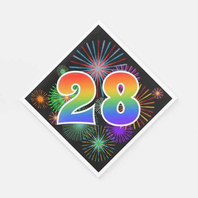 Colourful Fireworks + Rainbow Pattern "28" Event # Napkin (Corner)
