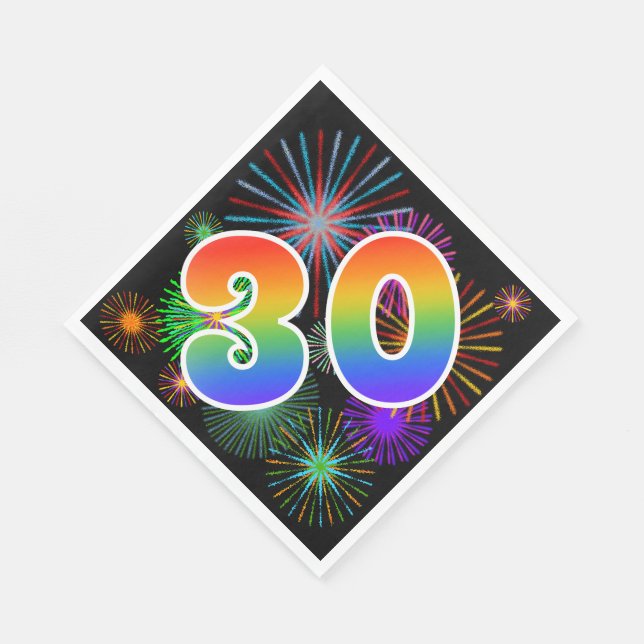 Colourful Fireworks + Rainbow Pattern "30" Event # Napkin (Corner)