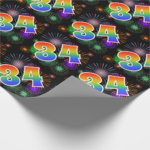 Colourful Fireworks + Rainbow Pattern "34" Event # Wrapping Paper