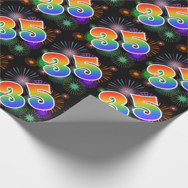 Colourful Fireworks + Rainbow Pattern "35" Event # Wrapping Paper (Corner)