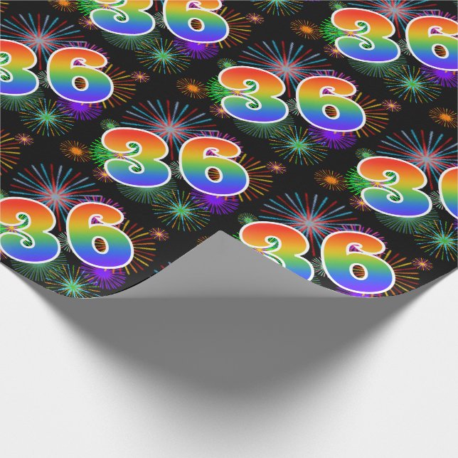 Colourful Fireworks + Rainbow Pattern "36" Event # Wrapping Paper (Corner)