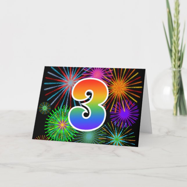 Colourful Fireworks + Rainbow Pattern "3" Event # Card (Front)