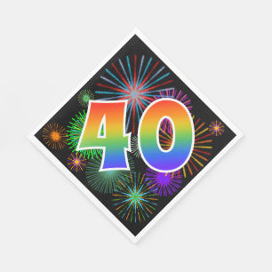 Colourful Fireworks + Rainbow Pattern "40" Event # Napkin