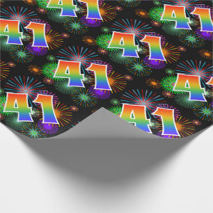 Colourful Fireworks + Rainbow Pattern "41" Event # Wrapping Paper