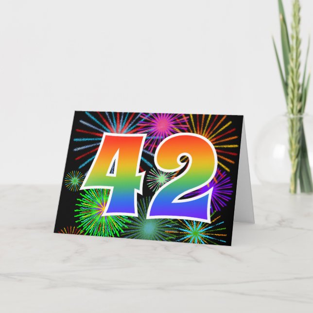 Colourful Fireworks + Rainbow Pattern "42" Event # Card (Front)