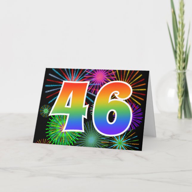 Colourful Fireworks + Rainbow Pattern "46" Event # Card (Front)