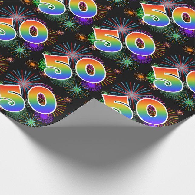 Colourful Fireworks + Rainbow Pattern "50" Event # Wrapping Paper (Corner)