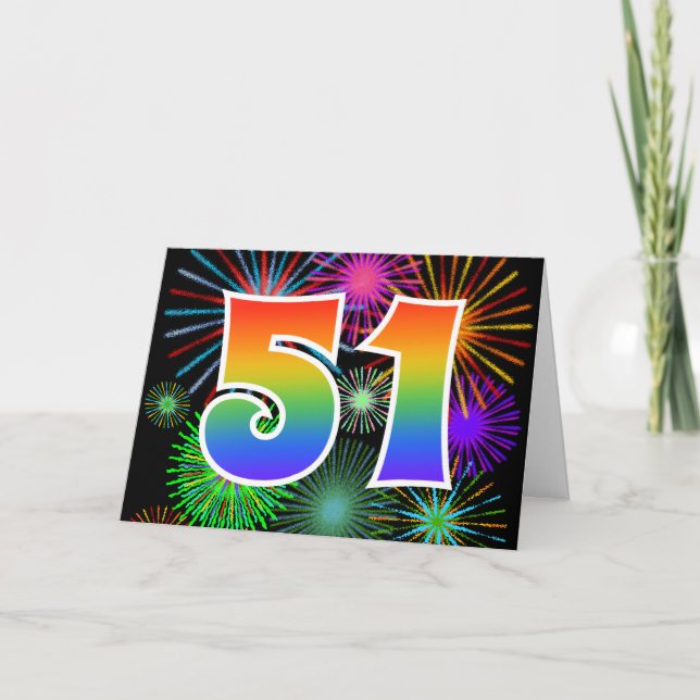Colourful Fireworks + Rainbow Pattern "51" Event # Card (Front)
