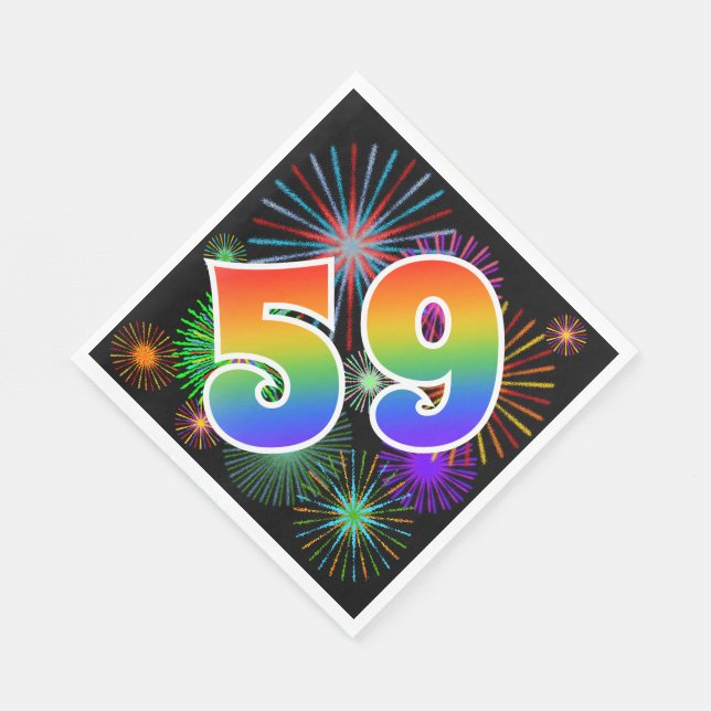Colourful Fireworks + Rainbow Pattern "59" Event # Napkin (Corner)