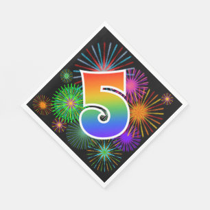 Colourful Fireworks + Rainbow Pattern "5" Event # Napkin