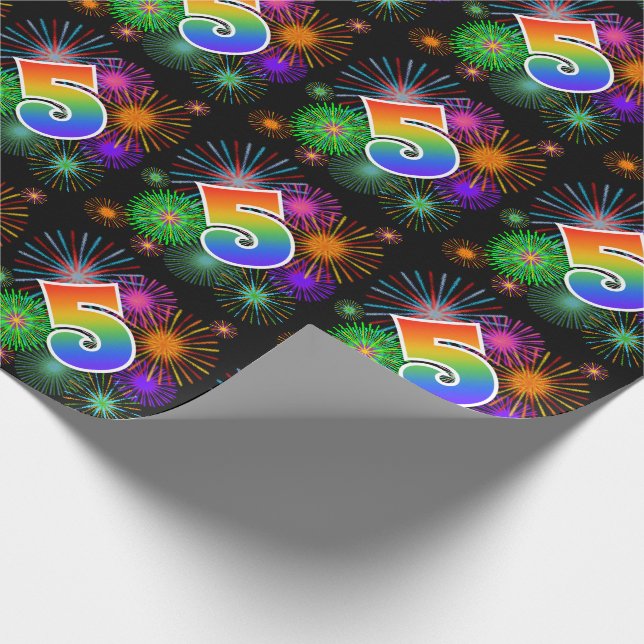Colourful Fireworks + Rainbow Pattern "5" Event # Wrapping Paper (Corner)