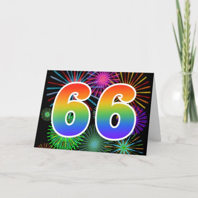 Colourful Fireworks + Rainbow Pattern "66" Event # Card (Front)