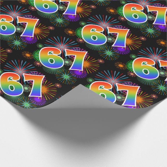 Colourful Fireworks + Rainbow Pattern "67" Event # Wrapping Paper (Corner)
