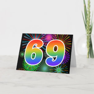 Colourful Fireworks + Rainbow Pattern "69" Event # Card