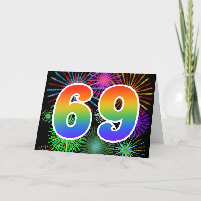Colourful Fireworks + Rainbow Pattern "69" Event # Card (Front)