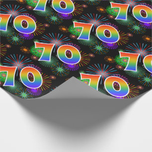 Colourful Fireworks + Rainbow Pattern "70" Event # Wrapping Paper