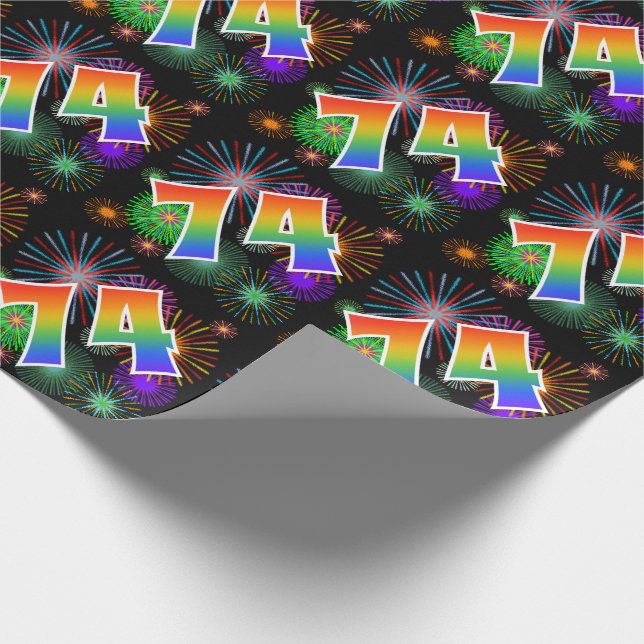 Colourful Fireworks + Rainbow Pattern "74" Event # Wrapping Paper (Corner)