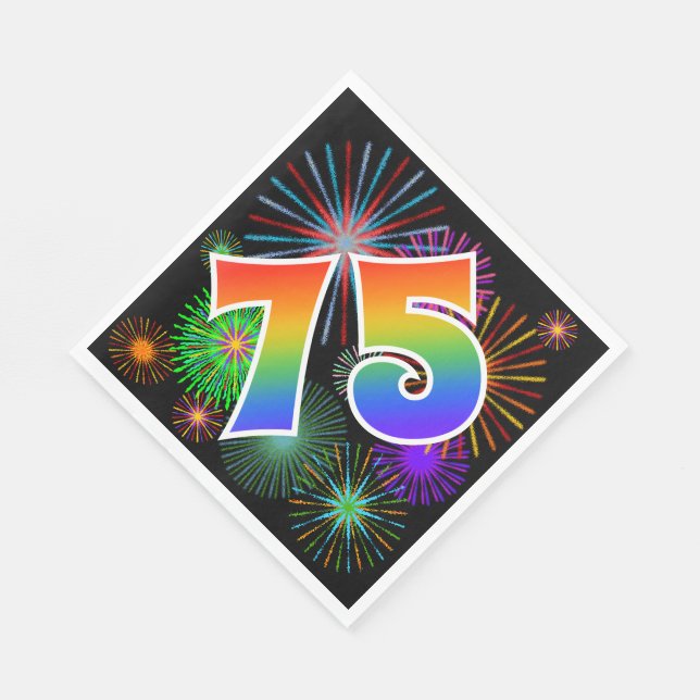 Colourful Fireworks + Rainbow Pattern "75" Event # Napkin (Corner)