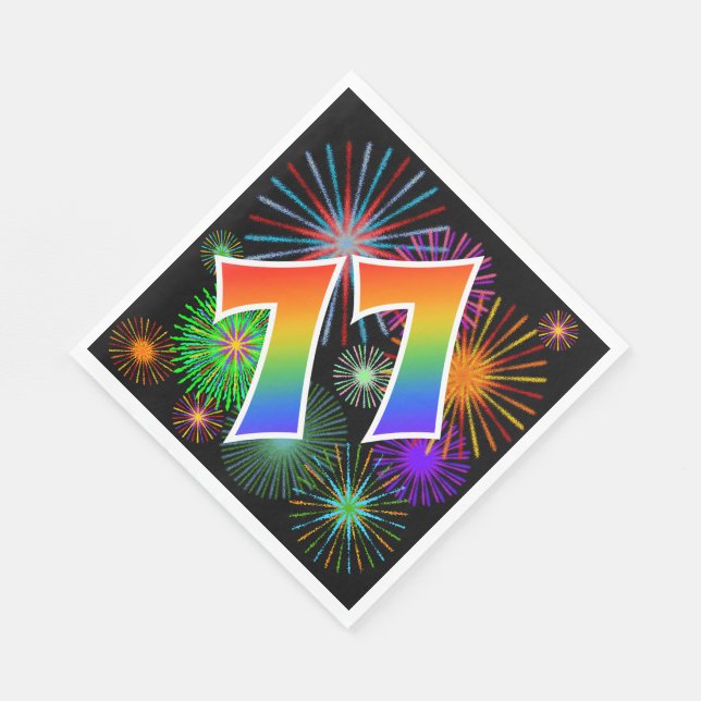 Colourful Fireworks + Rainbow Pattern "77" Event # Napkin (Corner)