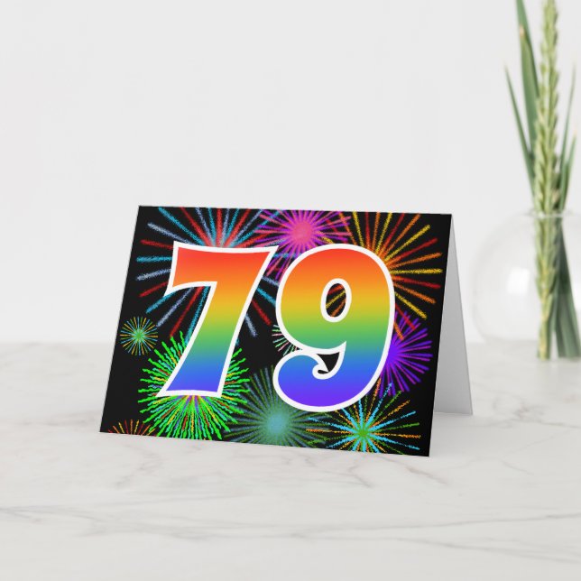 Colourful Fireworks + Rainbow Pattern "79" Event # Card (Front)