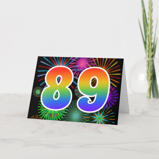 Colourful Fireworks + Rainbow Pattern "89" Event # Card (Front)