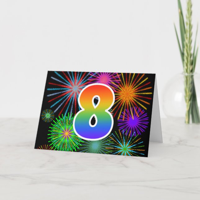 Colourful Fireworks + Rainbow Pattern "8" Event # Card (Front)