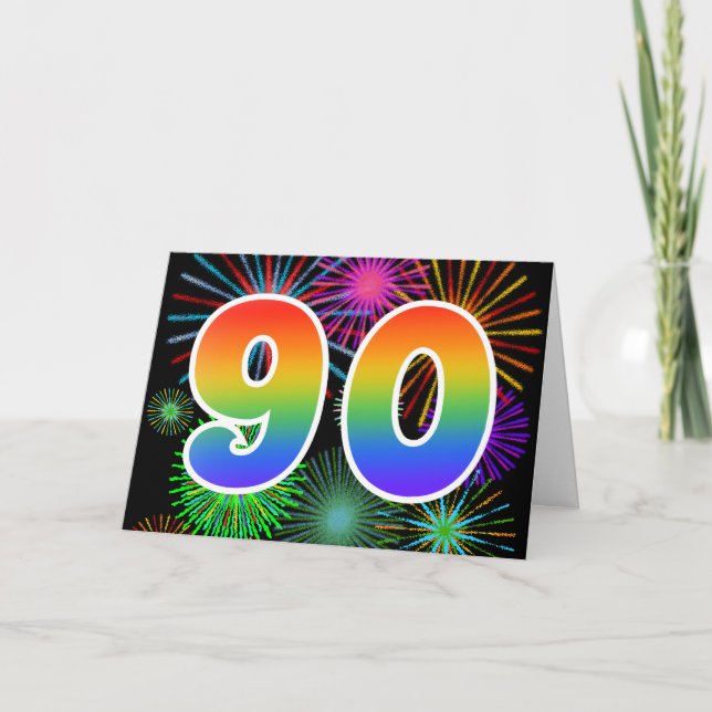 Colourful Fireworks + Rainbow Pattern "90" Event # Card (Front)