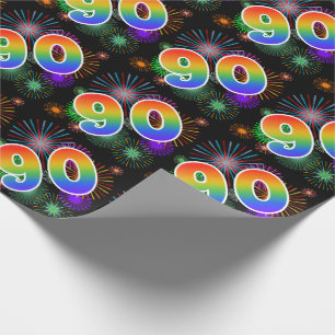 Colourful Fireworks + Rainbow Pattern "90" Event # Wrapping Paper