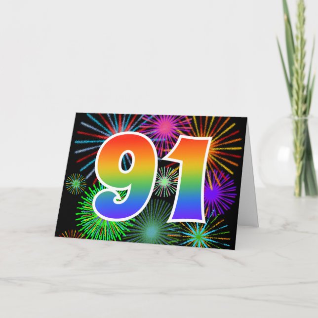 Colourful Fireworks + Rainbow Pattern "91" Event # Card (Front)