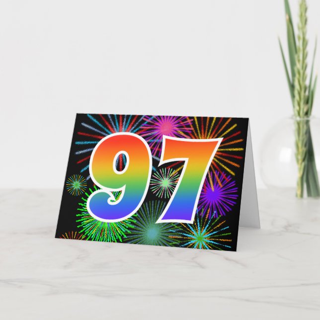 Colourful Fireworks + Rainbow Pattern "97" Event # Card (Front)