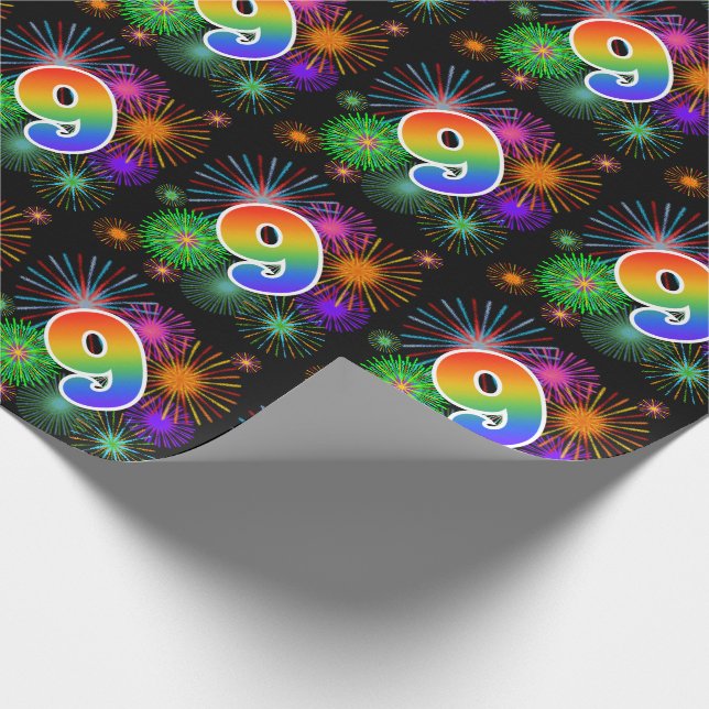 Colourful Fireworks + Rainbow Pattern "9" Event # Wrapping Paper (Corner)