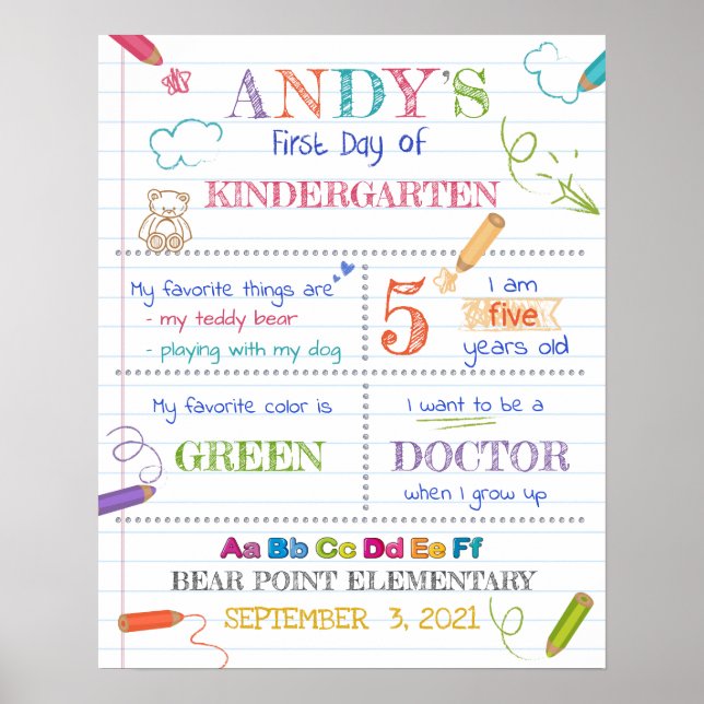 Colourful First Day of Kindergarten Sign (Front)