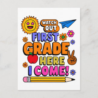 Colourful First Grade Back To School Vector Design Holiday Postcard