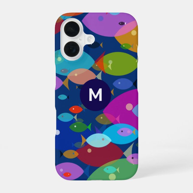 Colourful Fish Abstract Pattern Blue Monogram iPhone 16 Case (Back)