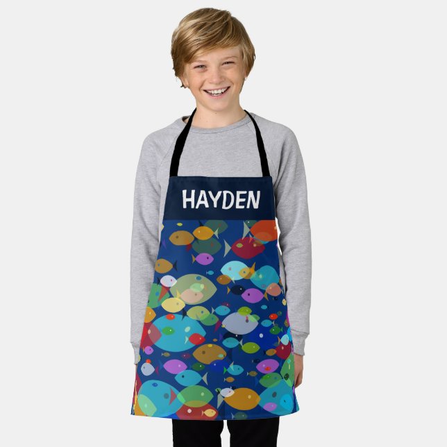Colourful Fish Abstract Pattern Blue Personalised Apron (Worn)