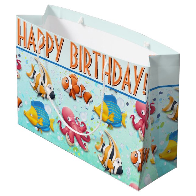 Colourful Fish Kids Birthday Large Gift Bag (Back Angled)