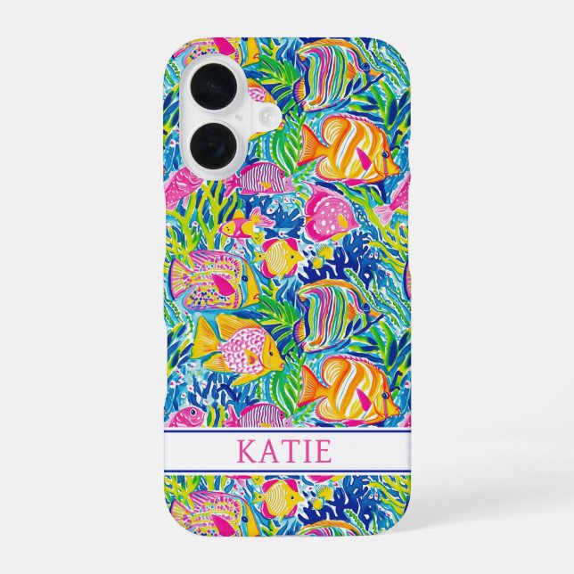 Colourful Fish Monogrammed iPhone 16 Case (Back)