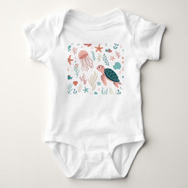 Colourful Fish & Sea Creatures Design Baby Bodysuit (Front)