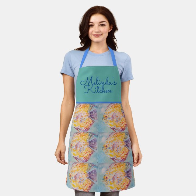 Colourful Fish Watercolor Blue Womans Kitchen Apro Apron (Worn)