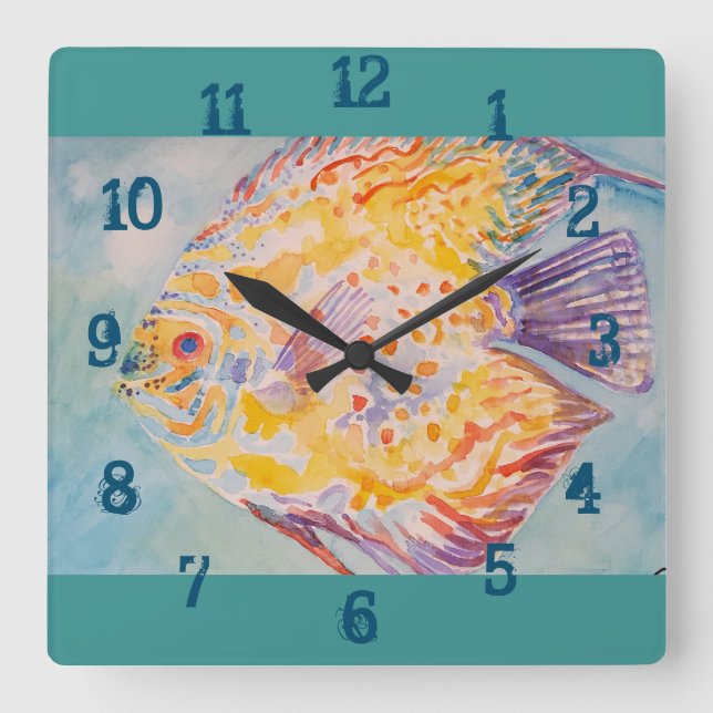 Colourful Fish Watercolour Childs Boys Nursery Squ Square Wall Clock (Front)