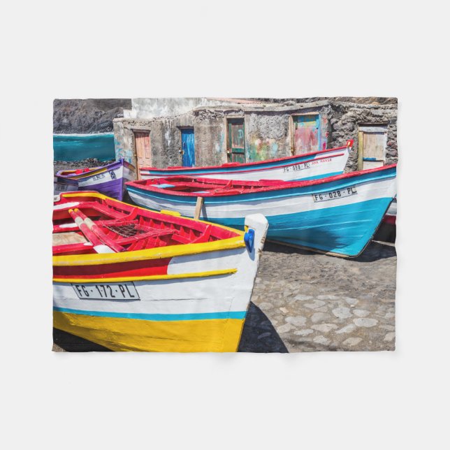 Colourful Fishing Boats, Cape Verde Fleece Blanket (Front (Horizontal))