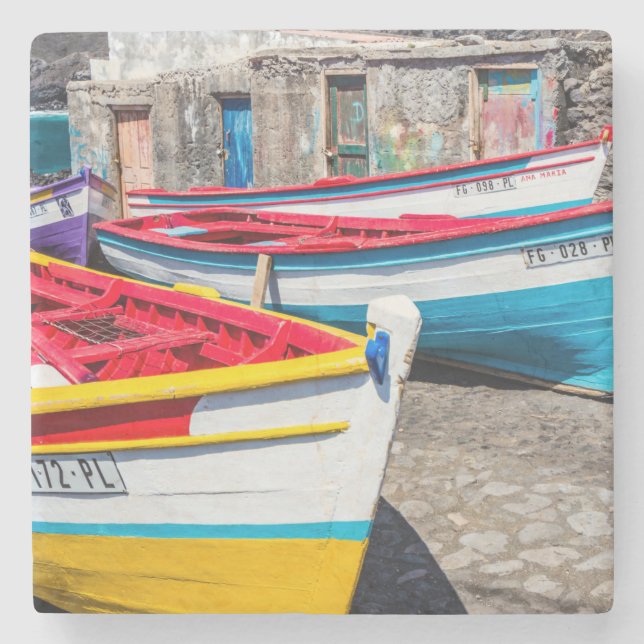 Colourful Fishing Boats, Cape Verde Stone Coaster (Front)